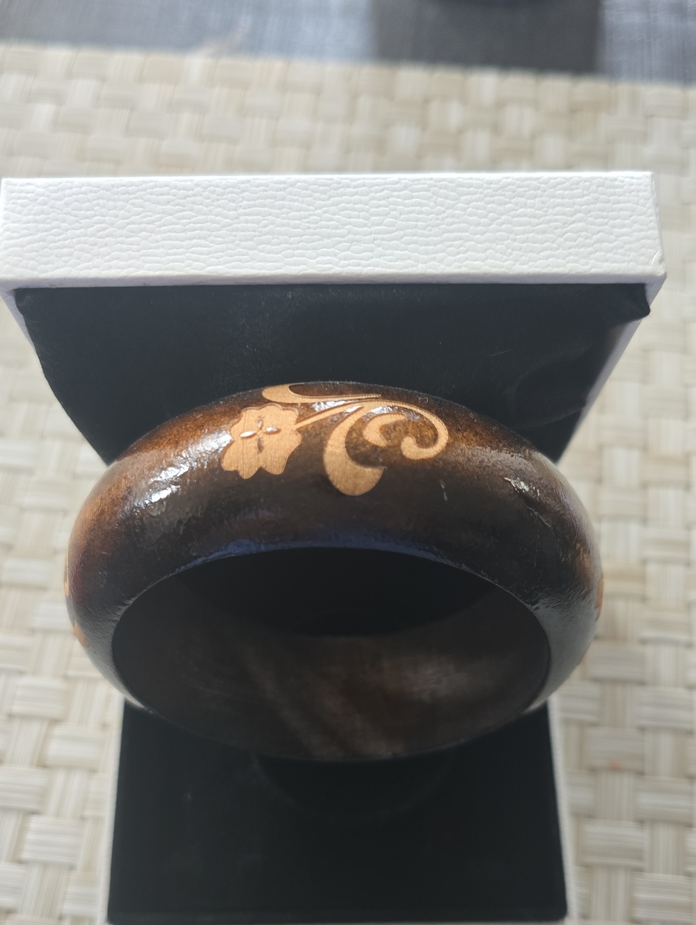 Wooden Bangle Bracelet with Gold Floral Accent
